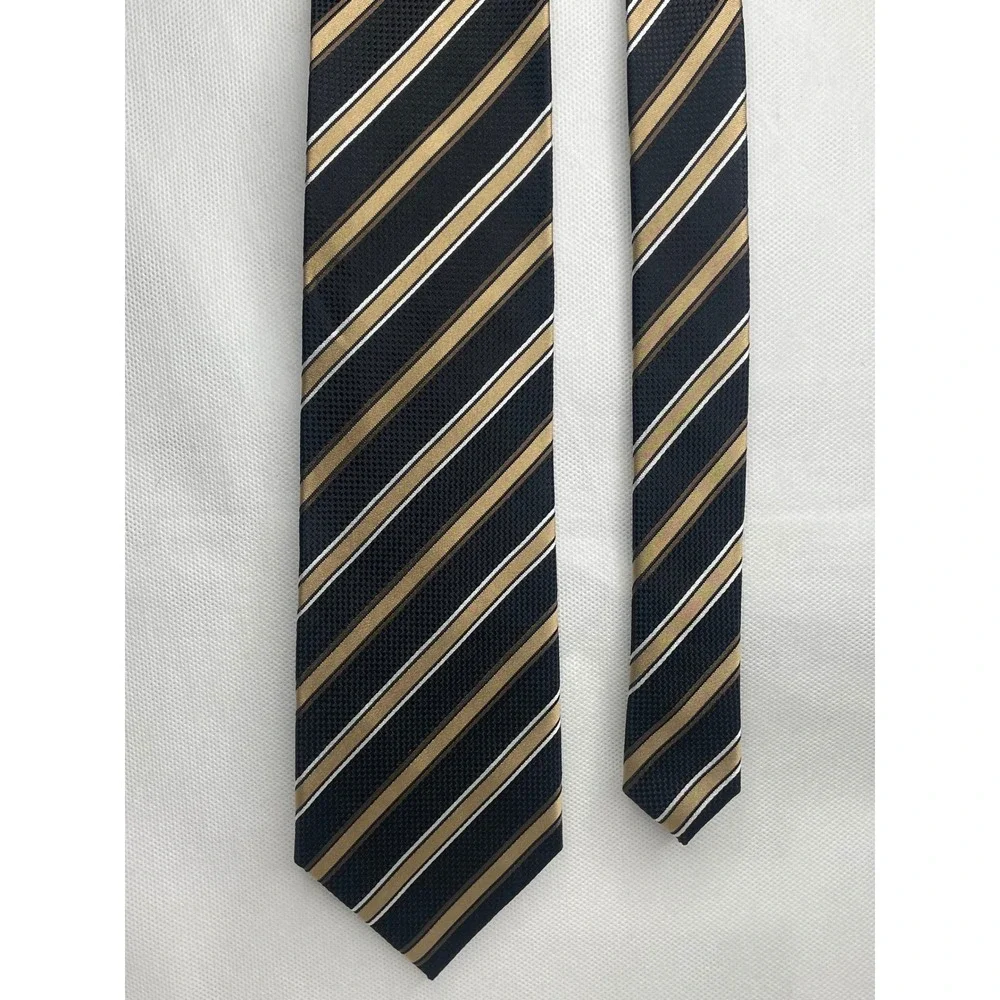 Vintage Stafford Performance Collegiate Stripe Tie Black Gold 100% Silk Necktie